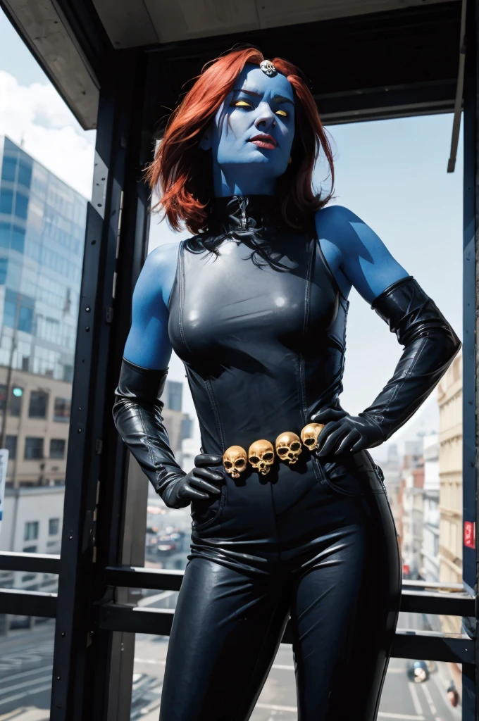 masterpiece, best quality, 1girl, solo, looking at viewer, large breasts with nipples, mystique, black belt with round buckle and big red "X" in the center, (blue skin:1.2), elbow gloves, dark blue gloves, lipstick, dark blue jumpsuit, thigh boots, belt, deep blue eyes, outdoors, depth of field, lens flare, power pose with hands on hips