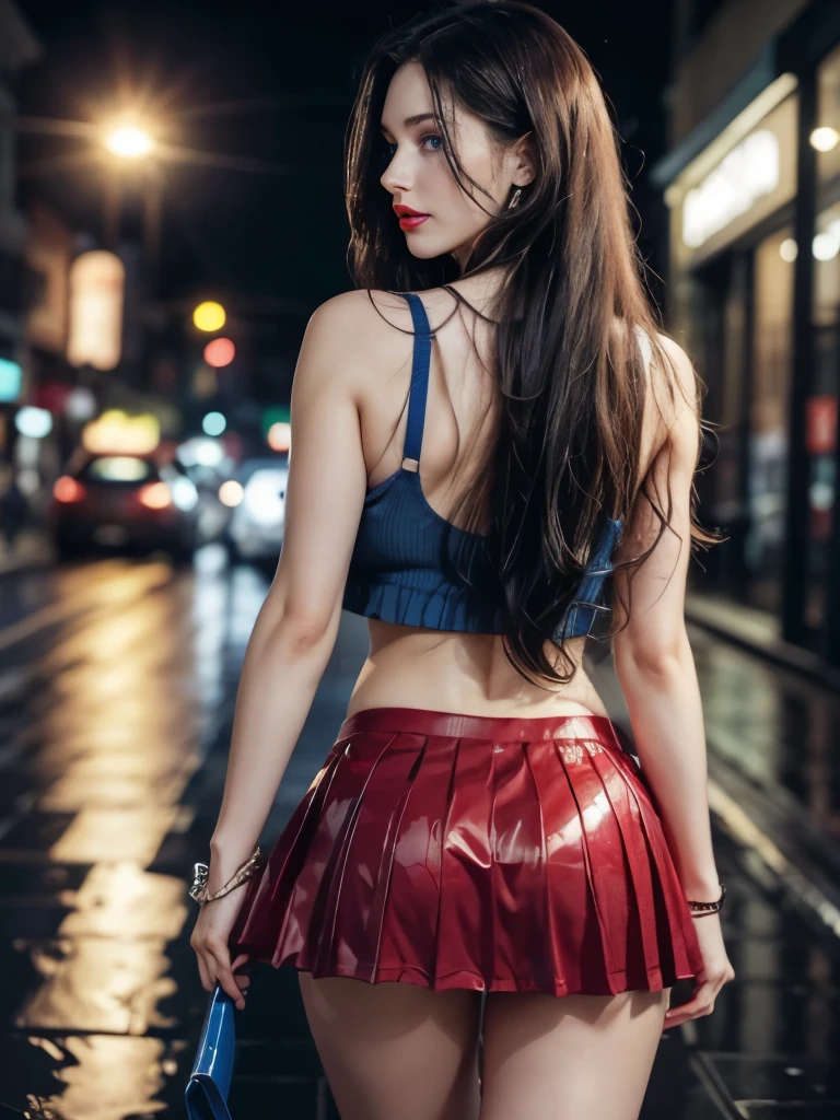 Caucasian woman; ((black hair)), wavy hair, ((long hair)), hair parted in the middle; ((blue eyes)), ((lined eyes)), ((highlight blue eyes)), shiny eyes; (eyes with reflection); ((red lipstick)), ((glossy lips)), ((makeup)); smile, ((athletic body)), (((medium breasts))), nipples, ((legs)); tank top, ((red top)), ((red skirt)), ((pleated skirt)); earrings, necklace, bracelets; high quality, artistic shot, standing, in the city, Standing in the rain, At night, Raining, soft light, back, buttocks, ass, back view, (((shot from behind))).