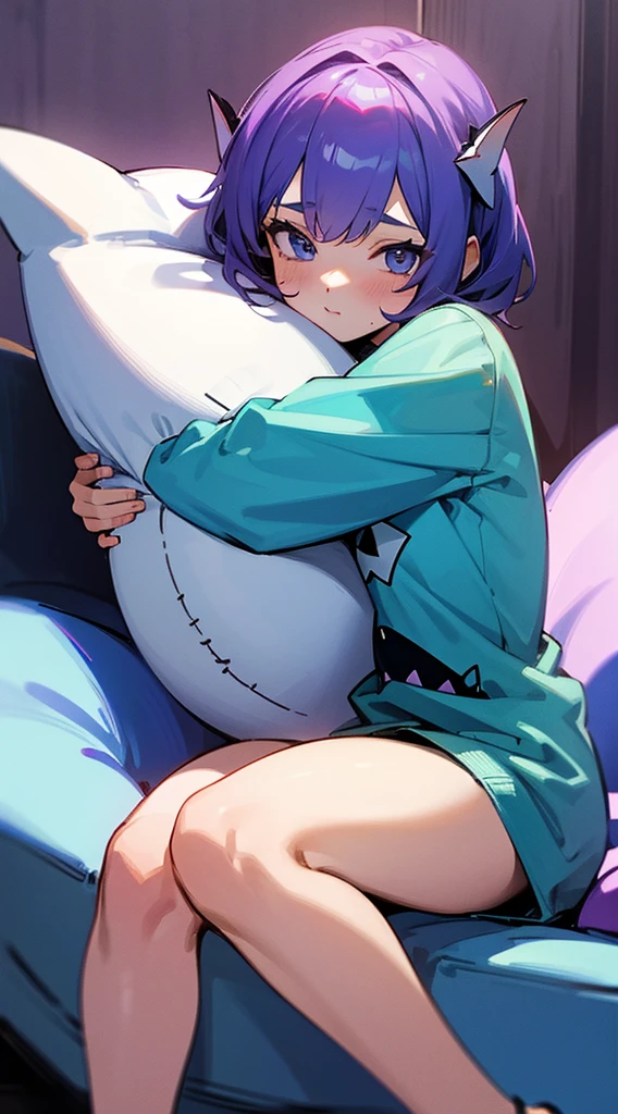 Top Quality, 8K, 4K, High Definition, Detail, (better-quality, 8K, 12), top-quality, 1 girl, purple short, sit down, hugs a shark pillow, wearing a shark PJ,
