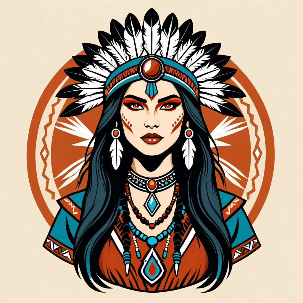 female	warlock	in native american folk outfit	,vector graphics, strong contours, logo design																						
