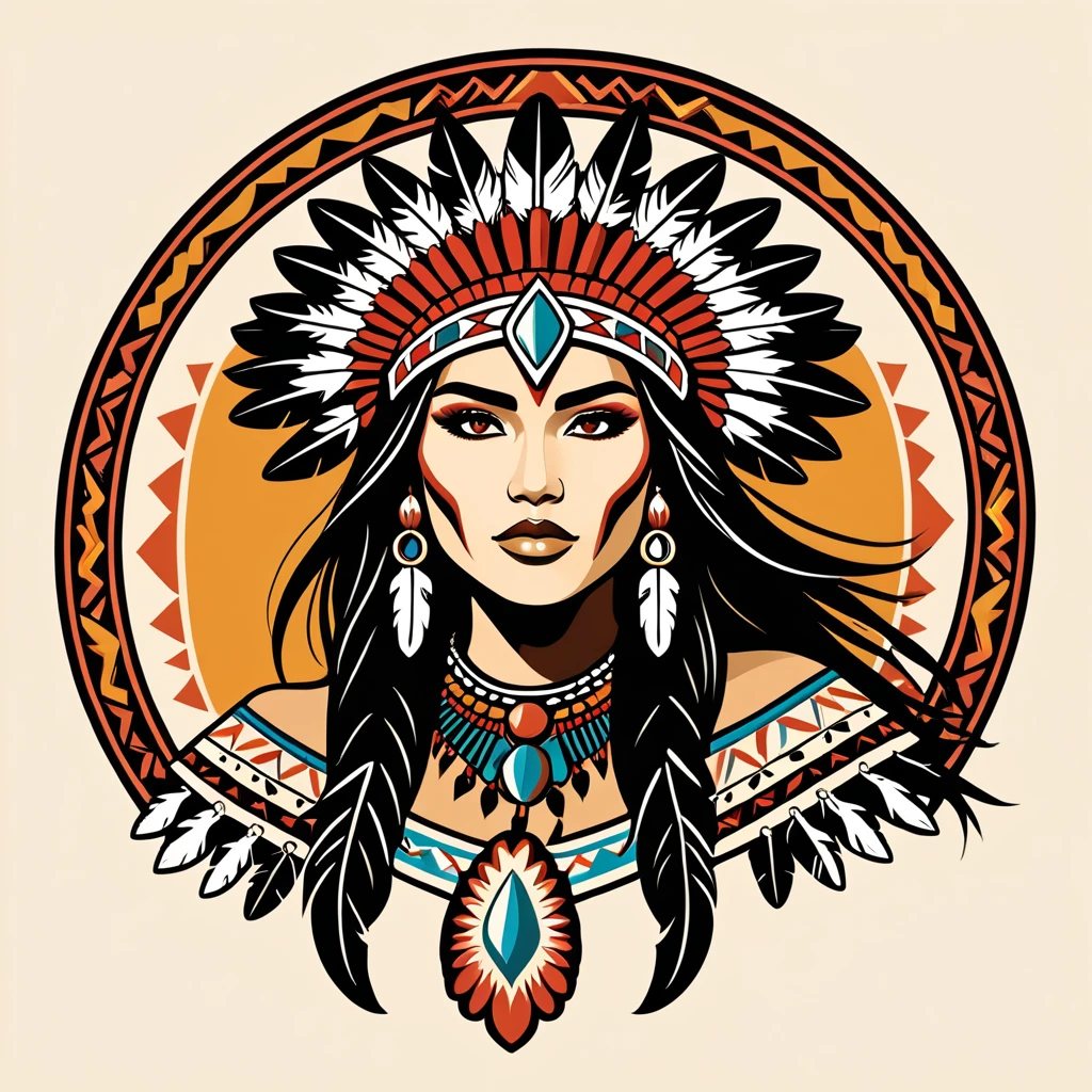 female warlord in native american folk outfit ,vector graphics, strong contours, logo design