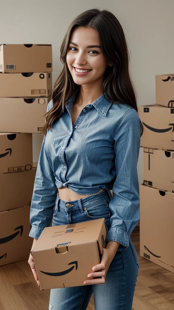  A young, smiling, and beautiful model is taking a selfie from above while holding an Amazon box in her hands. The box is slightly tilted to one side, clearly showing the Amazon logo. She is wearing a casual blouse and jeans, and the background is a bright and modern space. Leave enough space at the top and bottom of the image for adding typography.