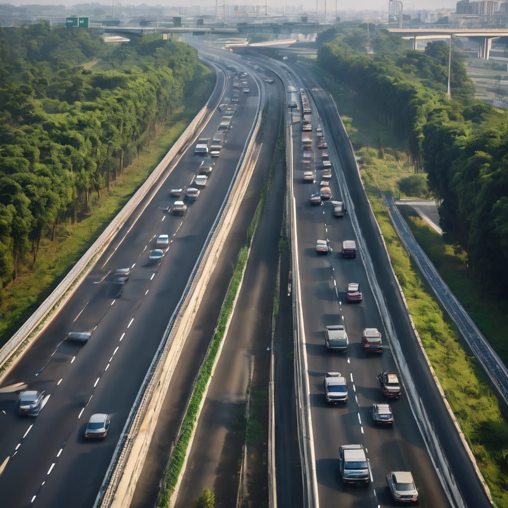 four lane highway with heavy traffic, high quality detail, photo