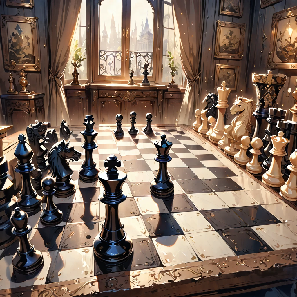 Highest quality, High resolution, Very detailed, Realistic, Vintage Chess Game, An illustration, Hand-drawn, Antique game board, Exquisite wooden chess pieces, Aged texture, Nostalgic atmosphere, Sepia Tone, Soft lighting, Detailed engraving, Complex pattern on a chessboard, Intricate metal fasteners, Delicate workmanship, Exquisite carving, Decorative borders, Ancient masterpieces, Immersive Gaming Experience, Complex game strategy, Black and white contrast, Deep Shadow, Faded elegance, The graceful movements of chess pieces, Immortal Nostalgia, historical charm, Timeless elegance.