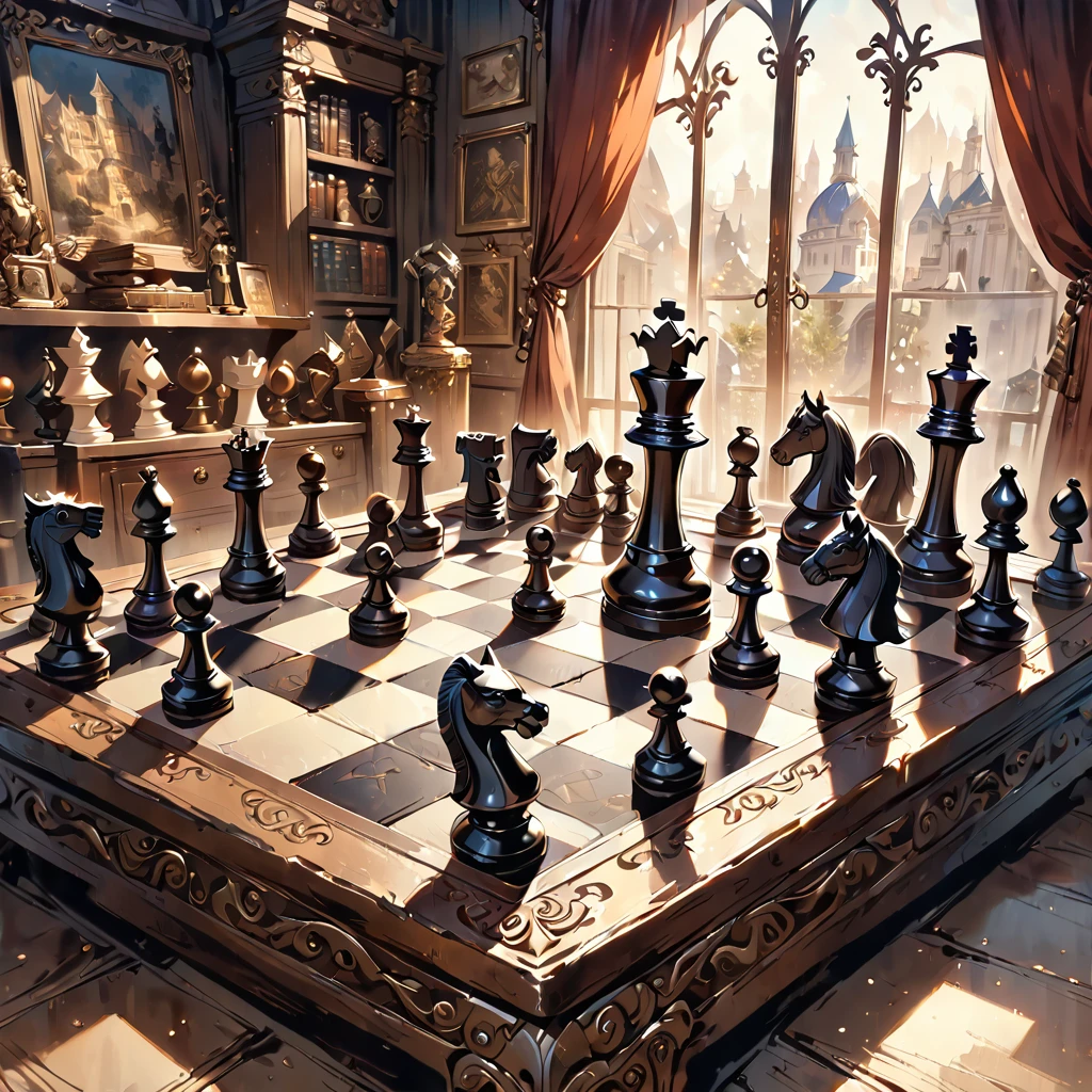 Highest quality, High resolution, Very detailed, Realistic, Vintage Chess Game, An illustration, Hand-drawn, Antique game board, Exquisite wooden chess pieces, Aged texture, Nostalgic atmosphere, Sepia Tone, Soft lighting, Detailed engraving, Complex pattern on a chessboard, Intricate metal fasteners, Delicate workmanship, Exquisite carving, Decorative borders, Ancient masterpieces, Immersive Gaming Experience, Complex game strategy, Black and white contrast, Deep Shadow, Faded elegance, The graceful movements of chess pieces, Immortal Nostalgia, historical charm, Timeless elegance.
