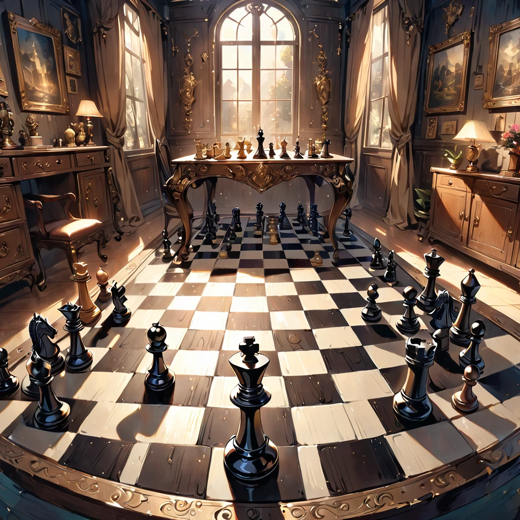 Highest quality, High resolution, Very detailed, Realistic, Vintage Chess Game, An illustration, Hand-drawn, Antique game board, Exquisite wooden chess pieces, Aged texture, Nostalgic atmosphere, Sepia Tone, Soft lighting, Detailed engraving, Complex pattern on a chessboard, Intricate metal fasteners, Delicate workmanship, Exquisite carving, Decorative borders, Ancient masterpieces, Immersive Gaming Experience, Complex game strategy, Black and white contrast, Deep Shadow, Faded elegance, The graceful movements of chess pieces, Immortal Nostalgia, historical charm, Timeless elegance.