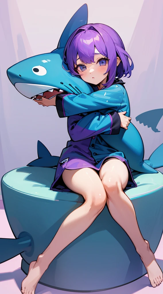 Top Quality, 8K, 4K, High Definition, Detail, (better-quality, 8K, 12), top-quality, 1 girl, purple short, sit down, hugs a shark pillow, wearing a shark PJ,