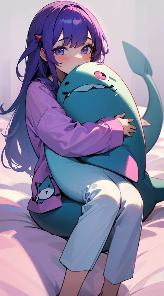 Top Quality, 8K, 4K, High Definition, Detail, (better-quality, 8K, 12), top-quality, 1 girl, purple short, sit down, hugs a shark pillow, wearing a shark PJ,
