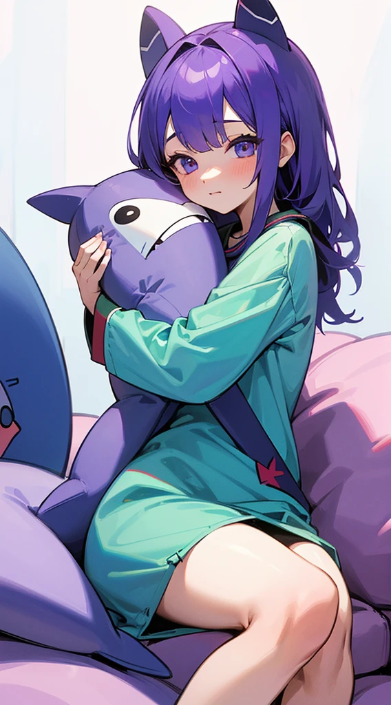 Top Quality, 8K, 4K, High Definition, Detail, (better-quality, 8K, 12), top-quality, 1 girl, purple short, sit down, hugs a shark pillow, wearing a shark PJ,