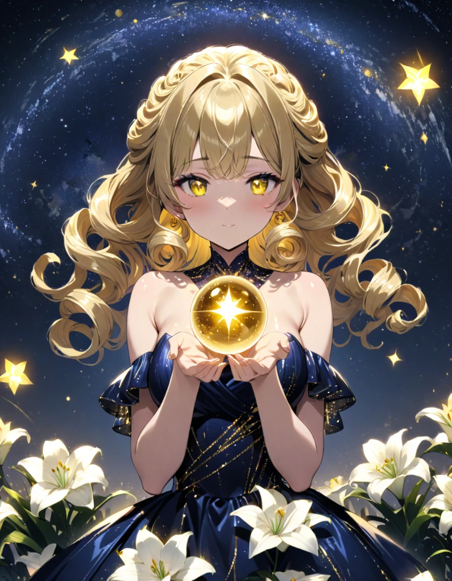 masterpiece, Shining eyes, yellow eyes, stars, curly hair, domed hands, Shine, beauty, Starry sky, world, shine, dark blue evening dress, gold, shiny lilies, Jirai fashion, Shine