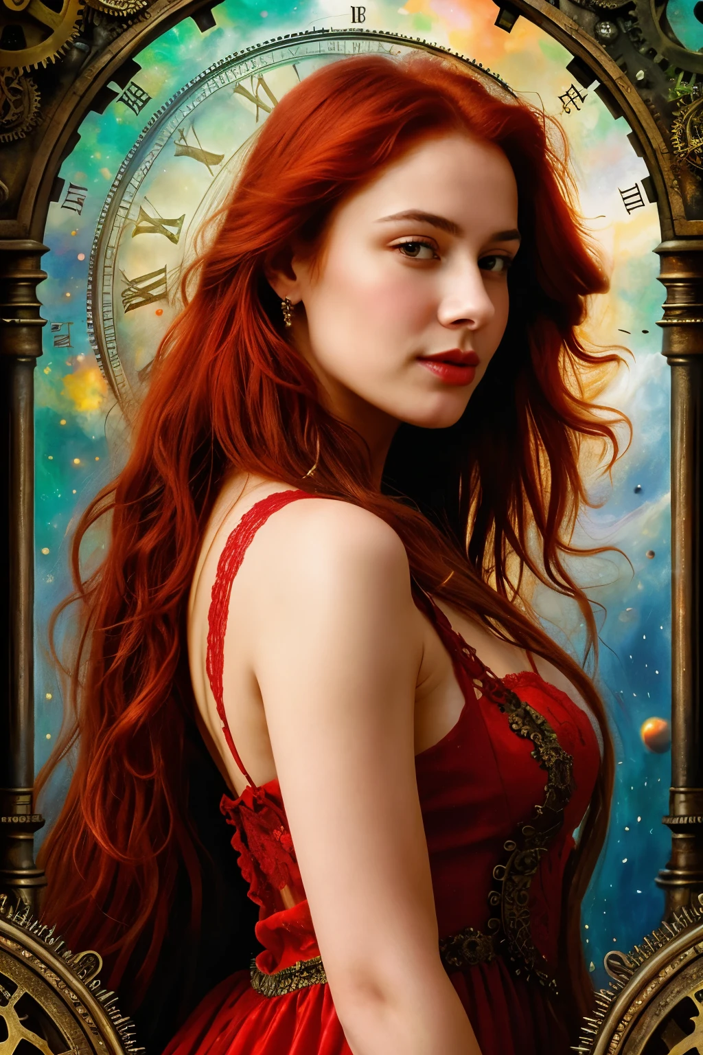 realistic portrait of miss hulk heavy oil scumbling layering glazing impasto, Very nice portrait of a beautiful woman with red big rose in her silk red hair, blank lace romantic dress, mesmerizing, inspired by Luis Royo, by Josephine wall, background a mechanically-driven universe where time and space are regulated by intricate gears and giant hourglass in a steampunk-inspired