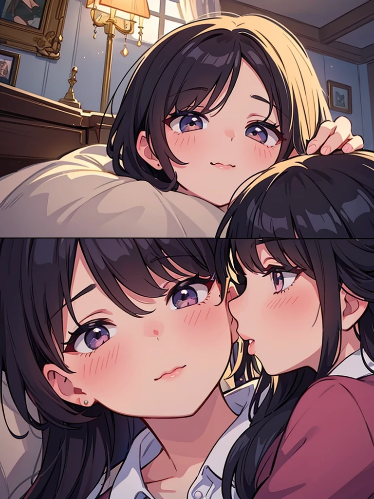 Amazing portrait of a woman and woman kissing each other in a room cutely with romance and kissing mouth to mouth and the kiss is yummy and they're making out in a wonderful scene they're a couple kissing with a lovely kiss which is a holy shot from movie as they're kissing together and kissing each other absolutely and they're very attractive