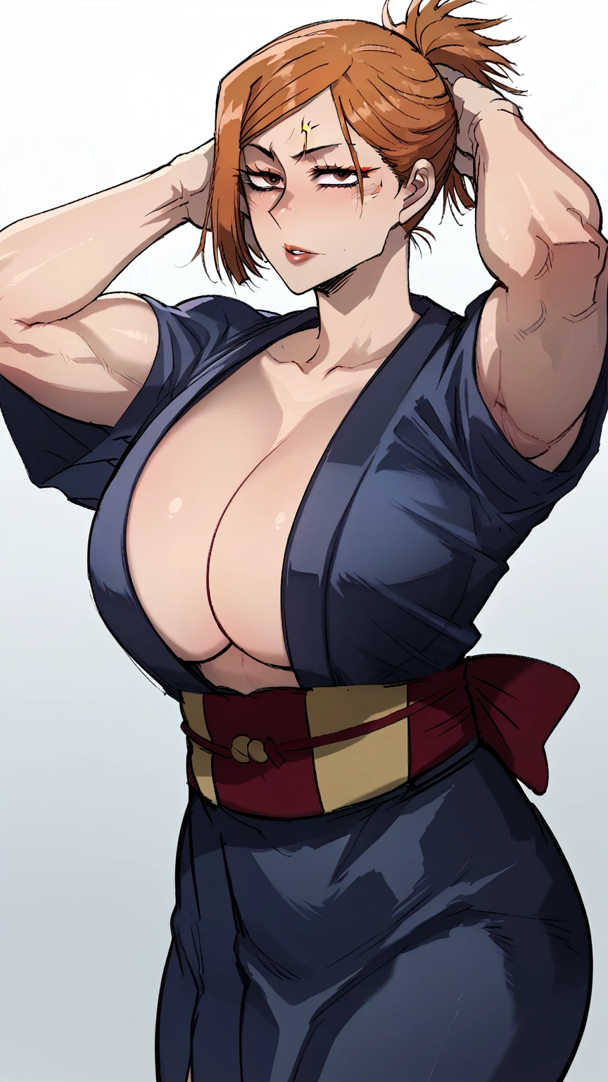 score_9, score_8_up, score_7_up, score_6_up, score_5_up, score_4_up, BREAK 1girl, ((muscular body:1)), intricate, kimono, (eyeliner:1.2), looking at viewer,  detailed background,huge breasts (masterpiece, high quality:1), Kaori Itadori (Jujutsu Kaisen)