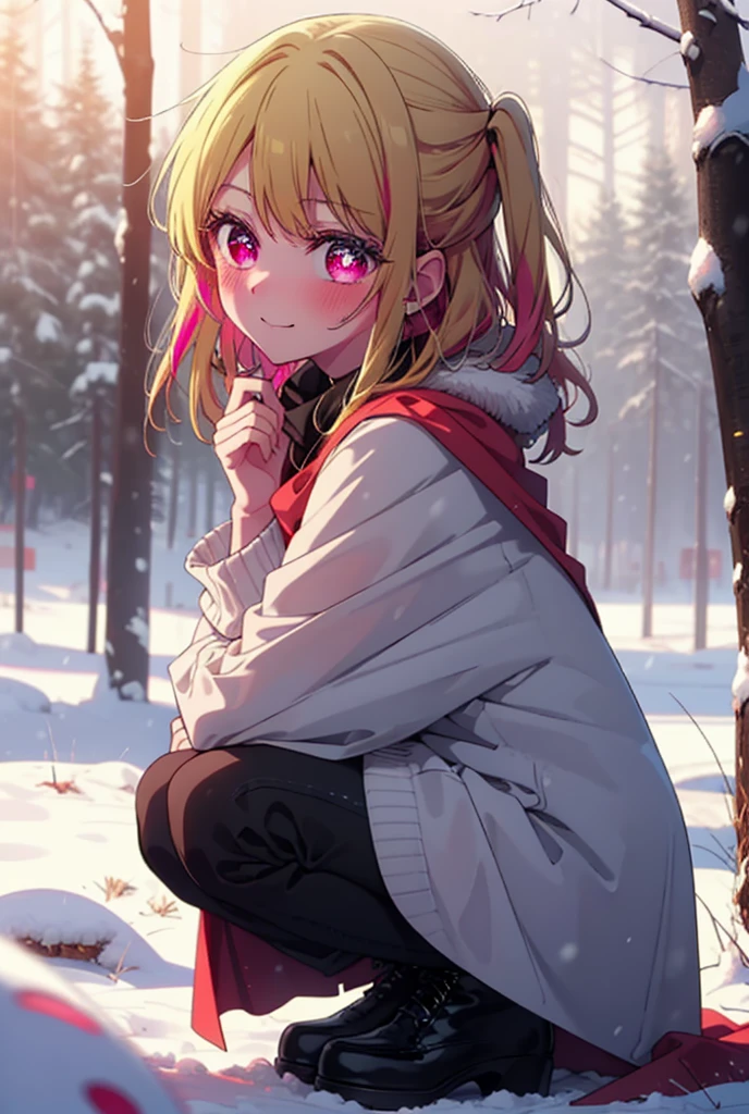 rubyhoshino, Hoshino Ruby, Long Hair, bangs, blonde, (Pink Eyes:1.3), Side Lock, (Symbol-shaped pupil:1.5), Multicolored Hair, Two-tone hair, smile,,smile,blush,white breath,
Open your mouth,snow,Ground bonfire, Outdoor, boots, snowing, From the side, wood, suitcase, Cape, Blurred, , forest, White handbag, nature,  Squat, Mouth closed, Cape, winter, Written boundary depth, Black shoes, red Cape break looking at viewer, Upper Body, whole body, break Outdoor, forest, nature, break (masterpiece:1.2), Highest quality, High resolution, unity 8k wallpaper, (shape:0.8), (Beautiful and beautiful eyes:1.6), Highly detailed face, Perfect lighting, Highly detailed CG, (Perfect hands, Perfect Anatomy),