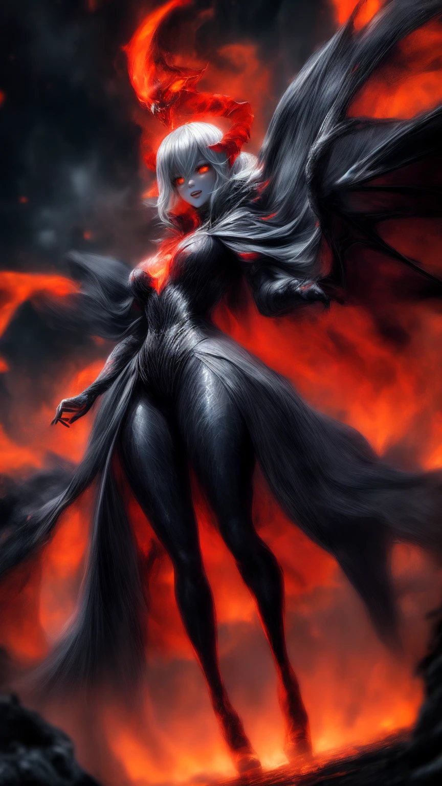 Storyboard, masterpiece, highest quality, dragonlady queen, perfect demoness, long legs, hourglass fugure, bright red glowing eyes, detailed eyes (1.4), scars on face, villainous expression, flaming skin body with bioluminescent glowing pattern, ready for battle, blurred stormy background, dark atmosphere, lighting in background,full body,