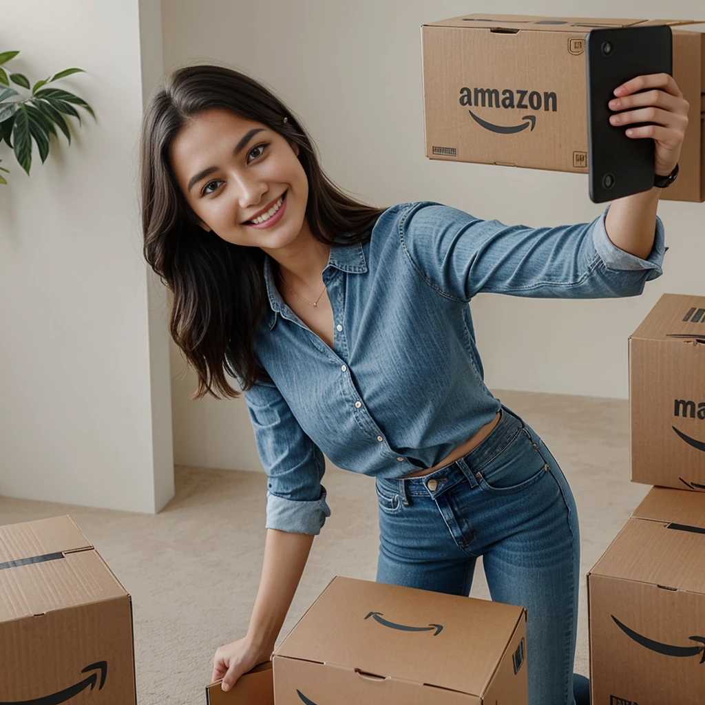 A young, smiling, and beautiful model is taking a selfie from above while holding an Amazon box in her hands. The box is slightly tilted to one side, clearly showing the Amazon logo. She is wearing a casual blouse and jeans, and the background is a bright and modern space. Leave enough space at the top and bottom of the image for adding typography.