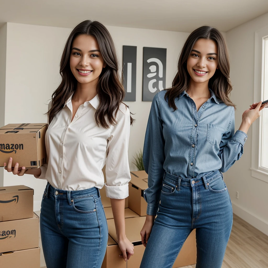 A young, smiling, and beautiful model is taking a selfie from above while holding an Amazon box in her hands. The box is slightly tilted to one side, clearly showing the Amazon logo. She is wearing a casual blouse and jeans, and the background is a bright and modern space. Leave enough space at the top and bottom of the image for adding typography.