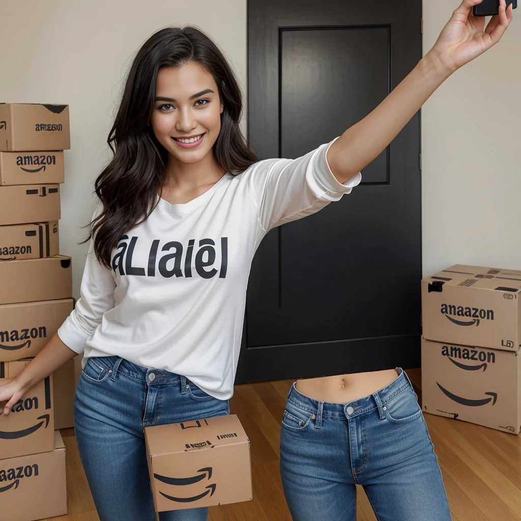 A young, smiling, and beautiful model is taking a selfie from above while holding an Amazon box in her hands. The box is slightly tilted to one side, clearly showing the Amazon logo. She is wearing a casual blouse and jeans, and the background is a bright and modern space. Leave enough space at the top and bottom of the image for adding typography.