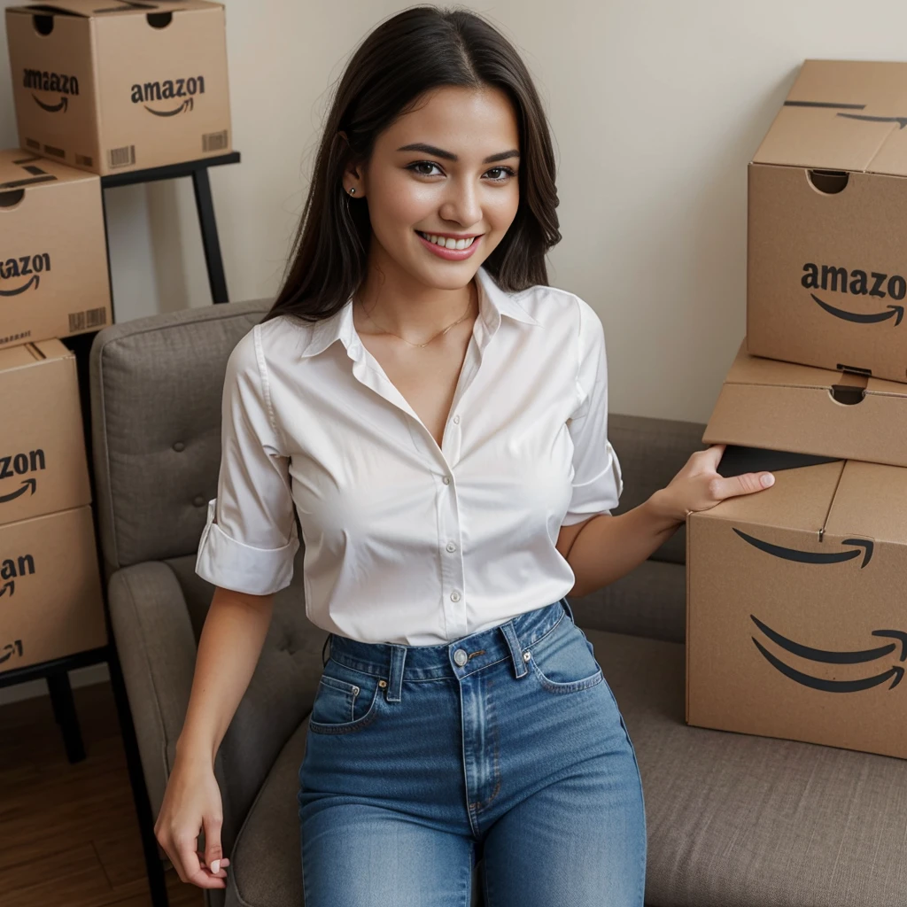  A young, smiling, and beautiful model is taking a selfie from above while holding an Amazon box in her hands. The box is slightly tilted to one side, clearly showing the Amazon logo. She is wearing a casual blouse and jeans, and the background is a bright and modern space. Leave enough space at the top and bottom of the image for adding typography.