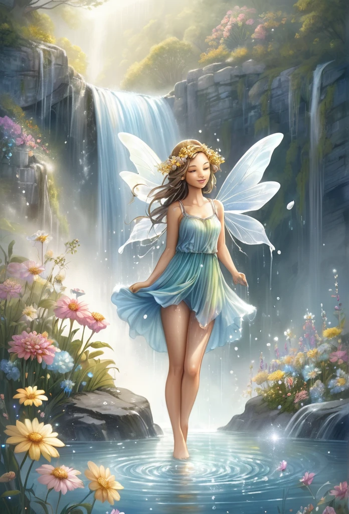 fairy girl,full body, sparkling water, waterfall,soft colors flowers,honey dropping from flowers,,mist,fantasy illustration,perfect anatomy, highly detailed,work of art