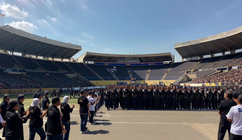 photo of 5 men aged 30 years and 5 women aged 30 years. all of them wore black t-shirts and dark blue trousers. women wear the hijab. was standing in front of a stadium holding a banner that read "ALUMNI MARCHING BAND PUTRA PUTRA AL-AYANIYAH". bustling atmosphere background