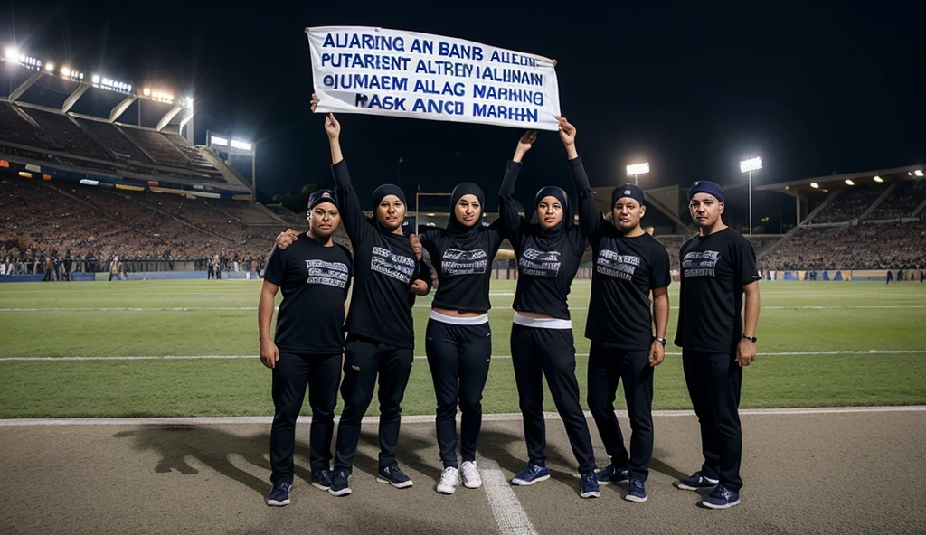 photo of 5 men aged 30 years and 5 women aged 30 years. all of them wore black t-shirts and dark blue trousers. women wear the hijab. was standing in front of a stadium holding a banner that read "ALUMNI MARCHING BAND PUTRA PUTRA AL-AYANIYAH". bustling atmosphere background