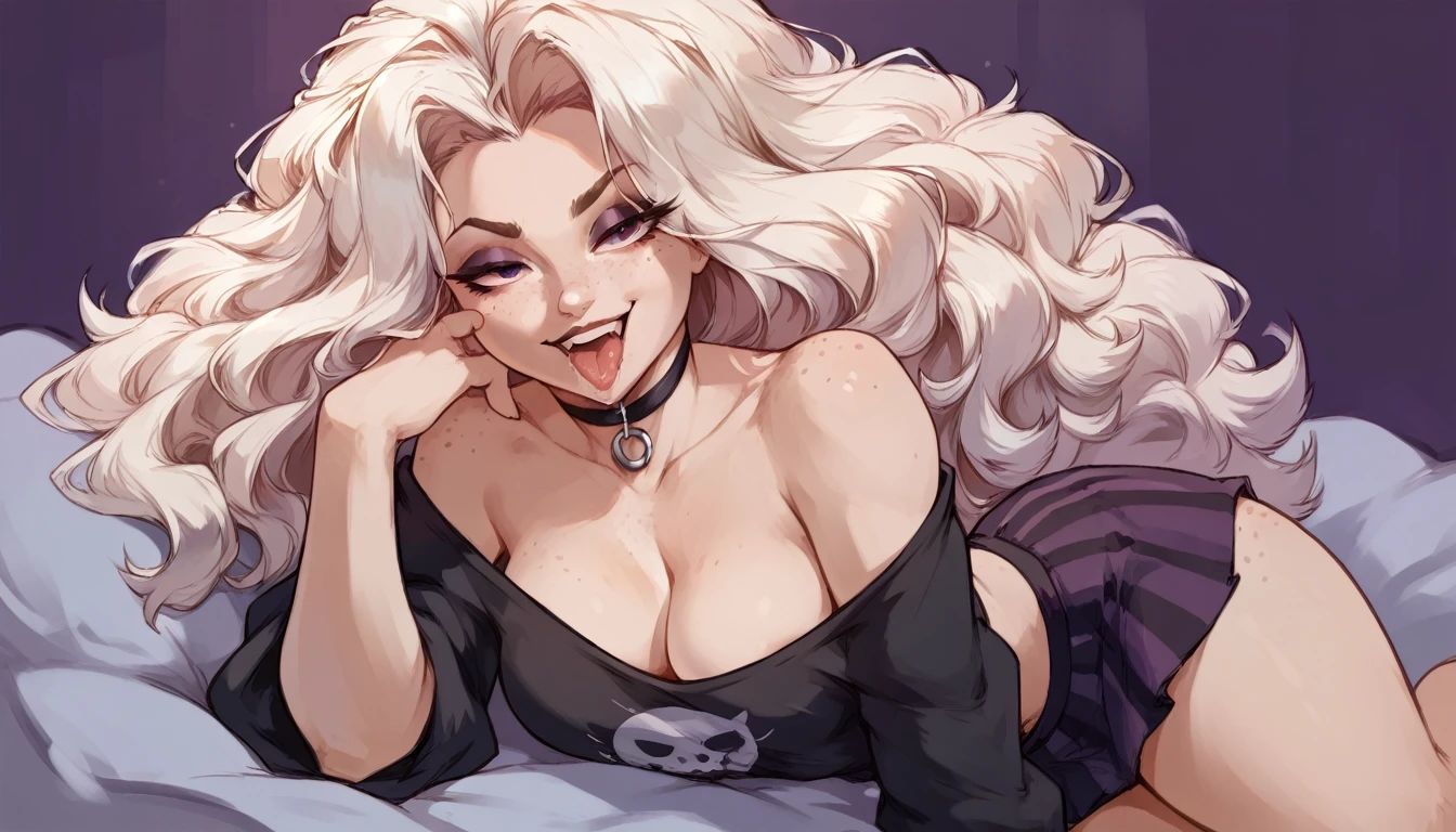 (solo) female , long fluffy hair, woman, attractive, goth, off-the -shoulder short summer blouse,pattern skirt, fit body, , thicc, freckles, freckles on face, smug eyes, (happy sexual expression, moaning with open mouth and tongue out viseble saliva), she is laying on the bed look to the viewer , on back, violet background, simple background, thick thighs (front view)