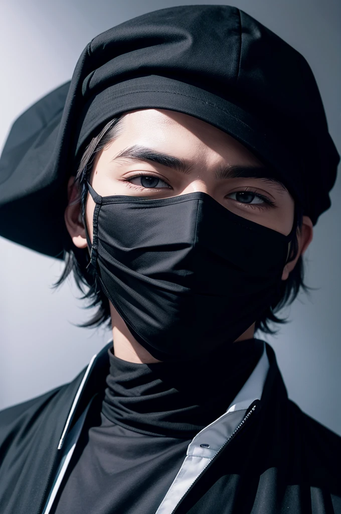MALE AVATAR WITH BLACK CAP, BLACK BLOUSE AND BLACK MASK 