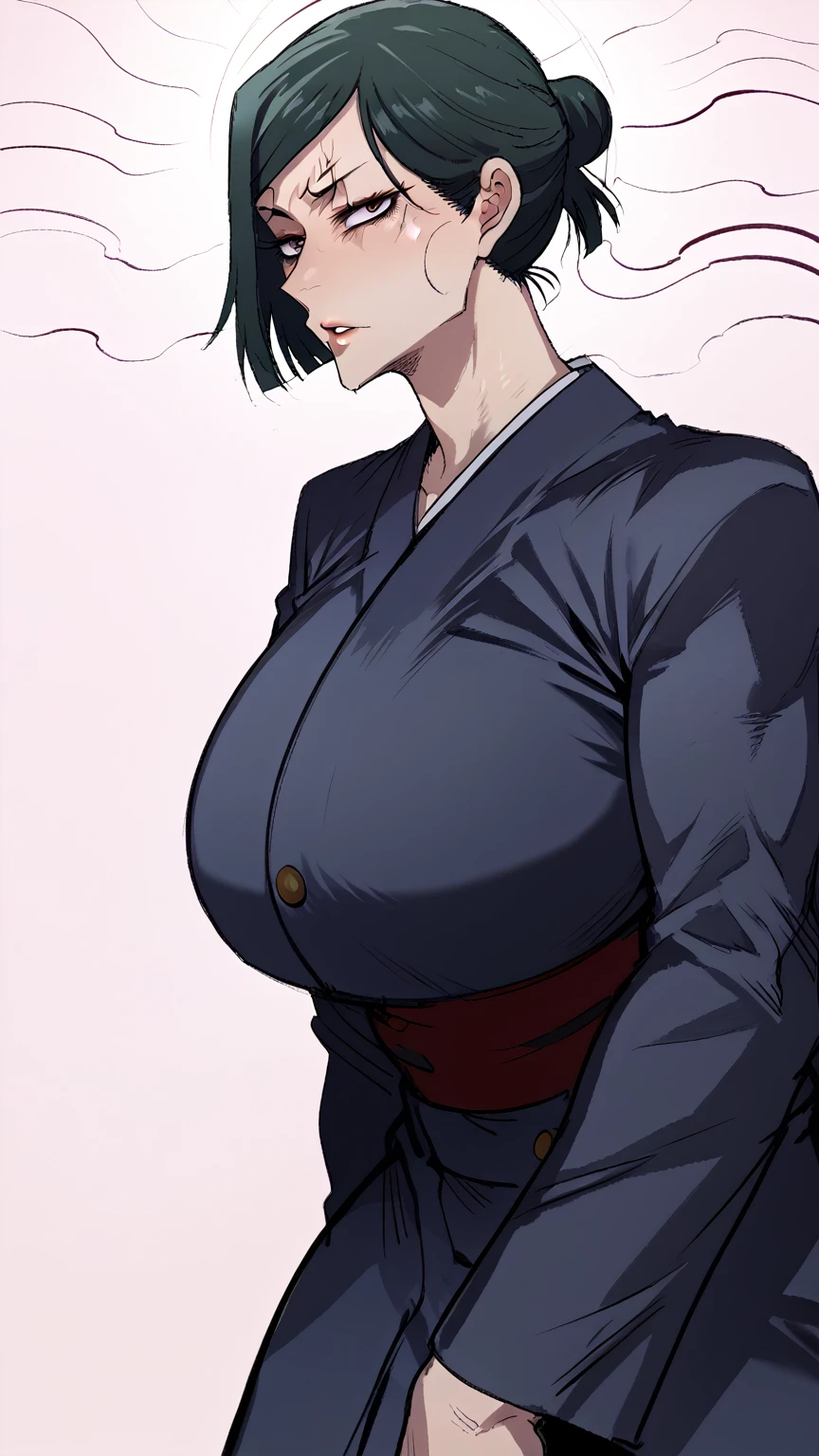 score_9, score_8_up, score_7_up, score_6_up, score_5_up, score_4_up, BREAK 1girl, ((muscular body:1)), intricate, kimono, (eyeliner:1.2), looking at viewer,  detailed background,huge breasts (masterpiece, high quality:1), Kaori Itadori (Jujutsu Kaisen), black hair scar on forehead.