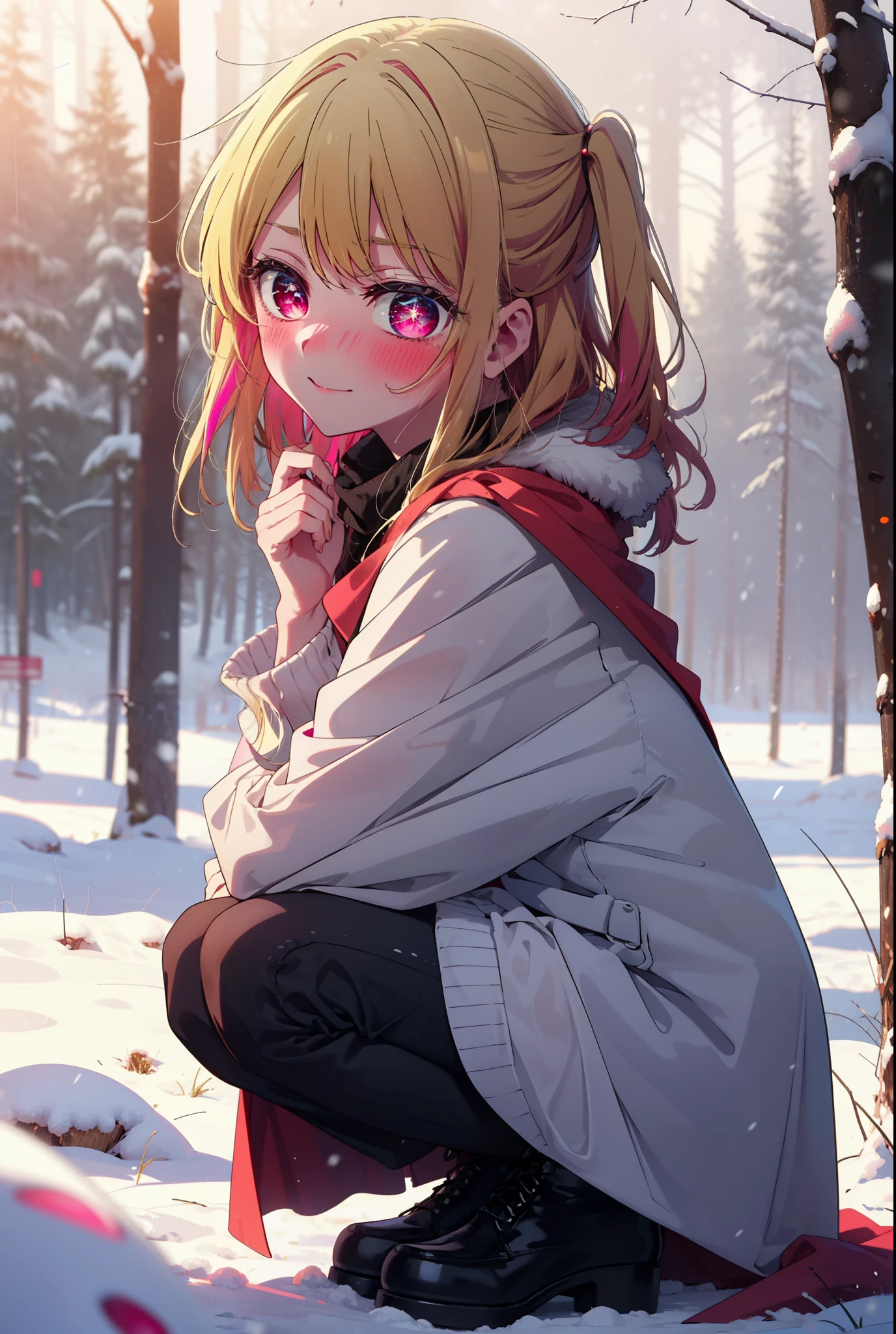 rubyhoshino, Hoshino Ruby, Long Hair, bangs, blonde, (Pink Eyes:1.3), Side Lock, (Symbol-shaped pupil:1.5), Multicolored Hair, Two-tone hair, smile,,smile,blush,white breath,
Open your mouth,snow,Ground bonfire, Outdoor, boots, snowing, From the side, wood, suitcase, Cape, Blurred, , forest, White handbag, nature,  Squat, Mouth closed, Cape, winter, Written boundary depth, Black shoes, red Cape break looking at viewer, Upper Body, whole body, break Outdoor, forest, nature, break (masterpiece:1.2), Highest quality, High resolution, unity 8k wallpaper, (shape:0.8), (Beautiful and beautiful eyes:1.6), Highly detailed face, Perfect lighting, Highly detailed CG, (Perfect hands, Perfect Anatomy),
