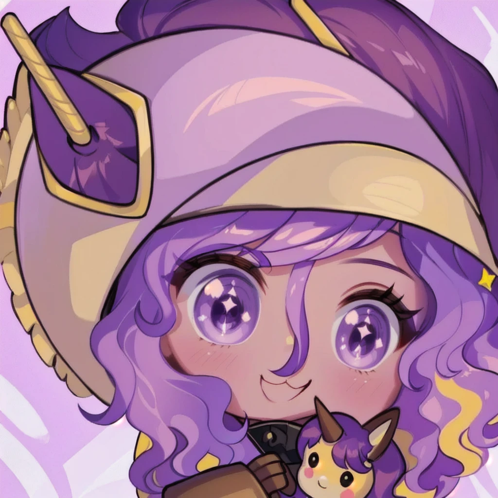 1girl,solo, high quality, dark brown long curly hair, tan skin, purple eyecolor, wears a helmet, she is holding a unicorn plushie, purple outfit, white background,