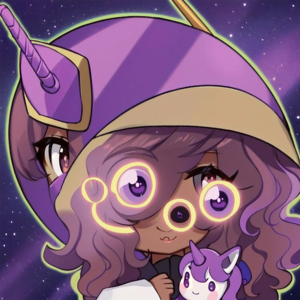 1girl,solo, high quality, dark brown long curly hair, tan skin, purple eyecolor, wears a helmet, she is holding a unicorn plushie, purple outfit, white background,