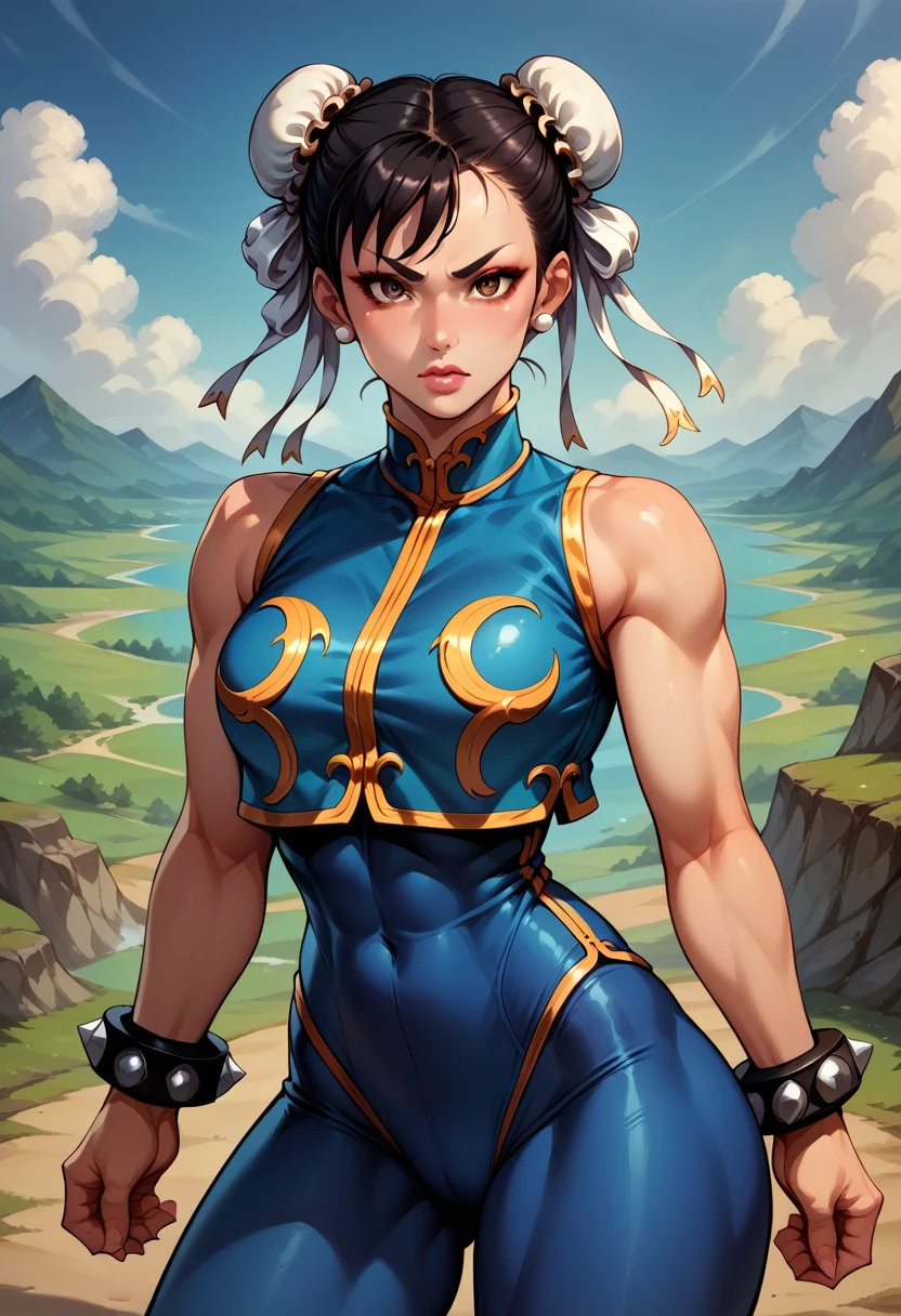score_9, score_8_up, score_7_up, BREAK, score_9, 1girl, chun-li (\street fighter)\, black hair, brown eyes, makeup, eyelashes, short hair, breasts, looking at viewer, fighting pose, lips, alpha_costume, blue bodysuit, blue leotard, blue vest, sleeveless, cowboy shot, landscape, street