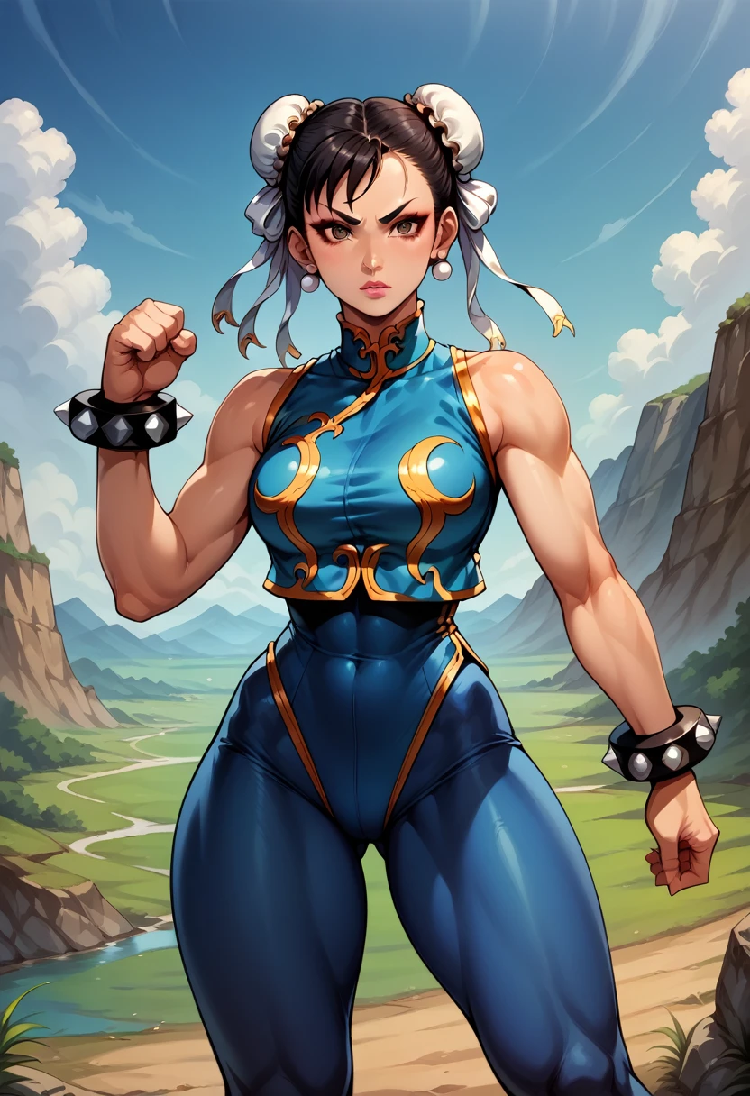 score_9, score_8_up, score_7_up, BREAK, score_9, 1girl, chun-li (\street fighter)\, black hair, brown eyes, makeup, eyelashes, short hair, breasts, looking at viewer, fighting pose, lips, alpha_costume, blue bodysuit, blue leotard, blue vest, sleeveless, cowboy shot, landscape, street