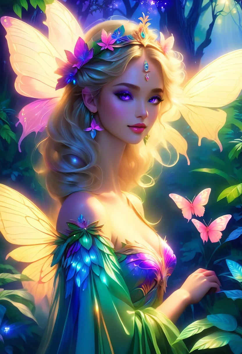 a picture of a jungle fairy, an extraordinary beautiful, elegant beauty, divine beautiful fairy, ((anatomically correct: 1.5)) spread butterfly wings, blue and purple wings, pink eyes, glowing eyes, (ultra detailed face: 1.2), best detailed face,  blond hair, rich hair, wavy hair, glamour dress, wild dress, dress decorated with jungle flowers,  sitting on massive heliconia tree the rain forest, sun rays coming through the trees, Hyperrealism style, vibrant, Ultra-high resolution, High Contrast, (masterpiece:1.5), highest quality, Best aesthetics), best details, best quality, highres, ultra wide angle, 16k, [ultra detailed], masterpiece, best quality, (extremely detailed) RAW, Cinematic Hollywood Film style, FairyTaleAI, fairy wings, 