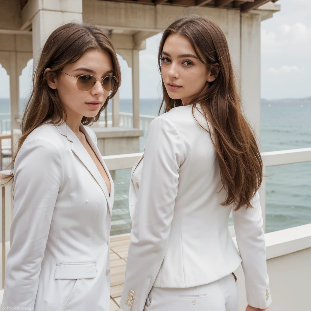 Create a very realistic and beautiful model with the following detailed features: Gender: Female, Age: Young adult (approximately 20-25 years old), Hair: Long, wavy and reddish with a natural shine, gently cascading around the shoulders and back back. . . . . . . . . . . . , Eyes: Bright green with a captivating, slightly almond-shaped look, detailed with natural highlights, Skin: Fair complexion with a light texture, including natural freckles on the nose and cheeks, giving a youthful and vibrant appearance: Fair complexion with a light texture, including natural freckles on the nose and cheeks, giving a youthful and lively appearance, Face: with a smooth and natural contour, soft and full lips with a slight pinkish tint and a slightly delicate upturned nose, Expression : a gentle face, with a touch of mischief, which conveys warmth and approachability, Clothing: in a white suit and sunglasses standing on a bridge, wearing a white suit, a white suit, a white outfit, a white suit and glasses , a white futuristic suit, a white silky outfit, fashionable white clothes, a Girl in a suit, wear white clothes, Girl in a suit, Smooth white tight-fitting suit, wear an elegant outfit, haute couture chic, All white, Background : the model is on an elegant flowered terrace, beginning on an open roof, end of sunny day, sea view in the background. Pose: relaxed and confident posture, start on an open-air rooftop, end of sunny day, sea view in the background. aesthetic, Unsplash, Neoclassicism, Complex background, Best quality, hyper detailed, Gratty Sita, 64K, Light design