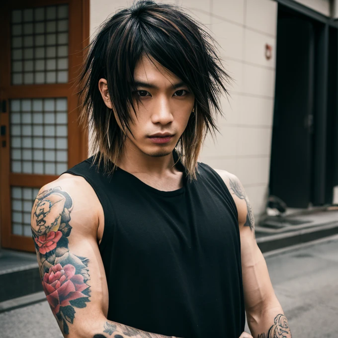 1 man, Japanese man, male, Asian eyes, muscular, broad shoulders, yakuza tattoos, hairstyle Visual Kei style, hair Visual Kei, black men's shirt and black pants, ultra detailed face, hyperrealistic, realistic representation, long hair, long hair, 30 years old, age 30 years, blond, blonde hair