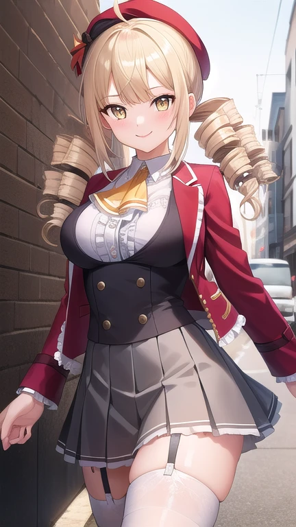 ((masterpiece)),(best quality),official art,extremely detailed CG,unity 8k wallpaper,ultra detailed,beautiful detailed eyes,extremely detailed face,street,1girl,solo,cowboy shot,looking at viewer,facing viewer,smile,reikadou ayame,red hat,mini hat,ahoge,long hair,blonde hair,twin drills,sidelocks,bangs,yellow eyes,red jacket,wing collar,ascot,white shirt,center frills,large breasts,grey skirt,pleated skirt,frilled skirt,garter straps,zettai ryouiki,white thighhighs,loafers,