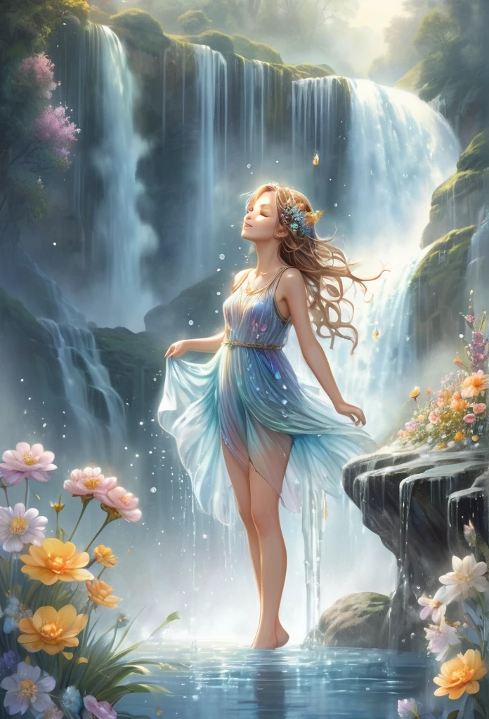 fairy girl,full body, sparkling water, waterfall,soft colors flowers,honey dropping from flowers,,mist,fantasy illustration,perfect anatomy, highly detailed,work of art