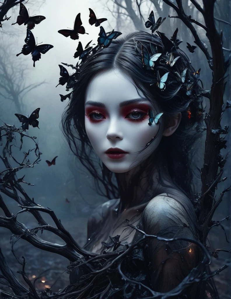 (butterfly:1.5),(butterfly theme:1.5),(dark horror theme:1.5),(thriller:1.5),(inspiration from Stephen King:1.5),(dark fantasy:1.5), (ink and watercolor painting:1.5), (black and white color:1.5), 8k, 4k, (landscapes:1.5),(A large number of butterflies fly towards the viewer:1.5),(ruined:1.5),(ruined village:1.5),(1800s:1.5), (ruined theme:1.5),(lots of flying butterflies:1.5),(puddle:1.5),(Unpaved roads:1.5),(absurderes:1.5),(fantastic:1.5),(best quality:1.5),(masterpiece:1.5),full body length,Quartz Manganite babygirl plays with doll,pretty face,eyebrow up,full body shot,ominous landscape,Fluorite Wulfenite atmosphere,by art Simon Stalenhag,Nicola Samori,(((Wangechi Mutu))),prime colors,urban,extremely detailed,masterpiece,intricate details,faded,eyes extremely detailed, high detailed eyes,4k resolution,RAW, Nikon Z9,scary town,stalker,orc,Stone Forest in Yunnan Province of China,best quality, ultra-detailed, realistic, portraits, dark and eerie atmosphere, glowing eyes, ethereal presence, hauntingly beautiful, ghostly figures, swirling mists, supernatural entities, demonic essence, shadowy forms, eerie whispers, sinister aura, hauntingly pale skin, dark and twisted branches, flickering candlelight, macabre elements, mysterious and enigmatic, spectral apparitions, gothic art style, hauntingly captivating, spectral realm, hauntingly melancholic, otherworldly beauty, ethereal glow, hauntingly haunting, chilling and atmospheric, eerie and ominous lighting.