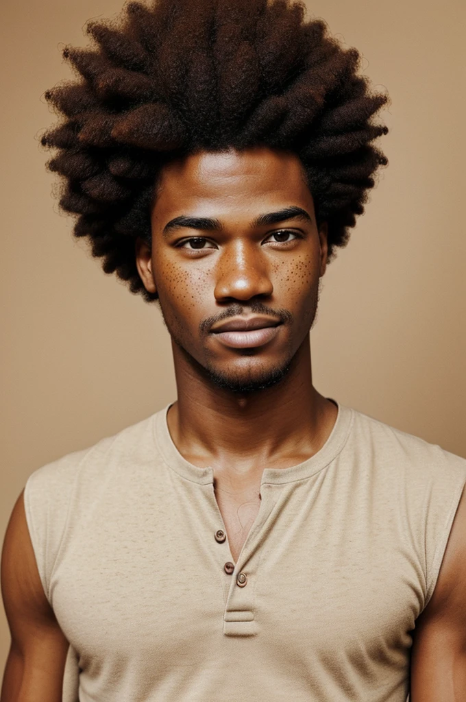 Draw a coffee-colored man with afro hair and freckles and a bit of cheek.