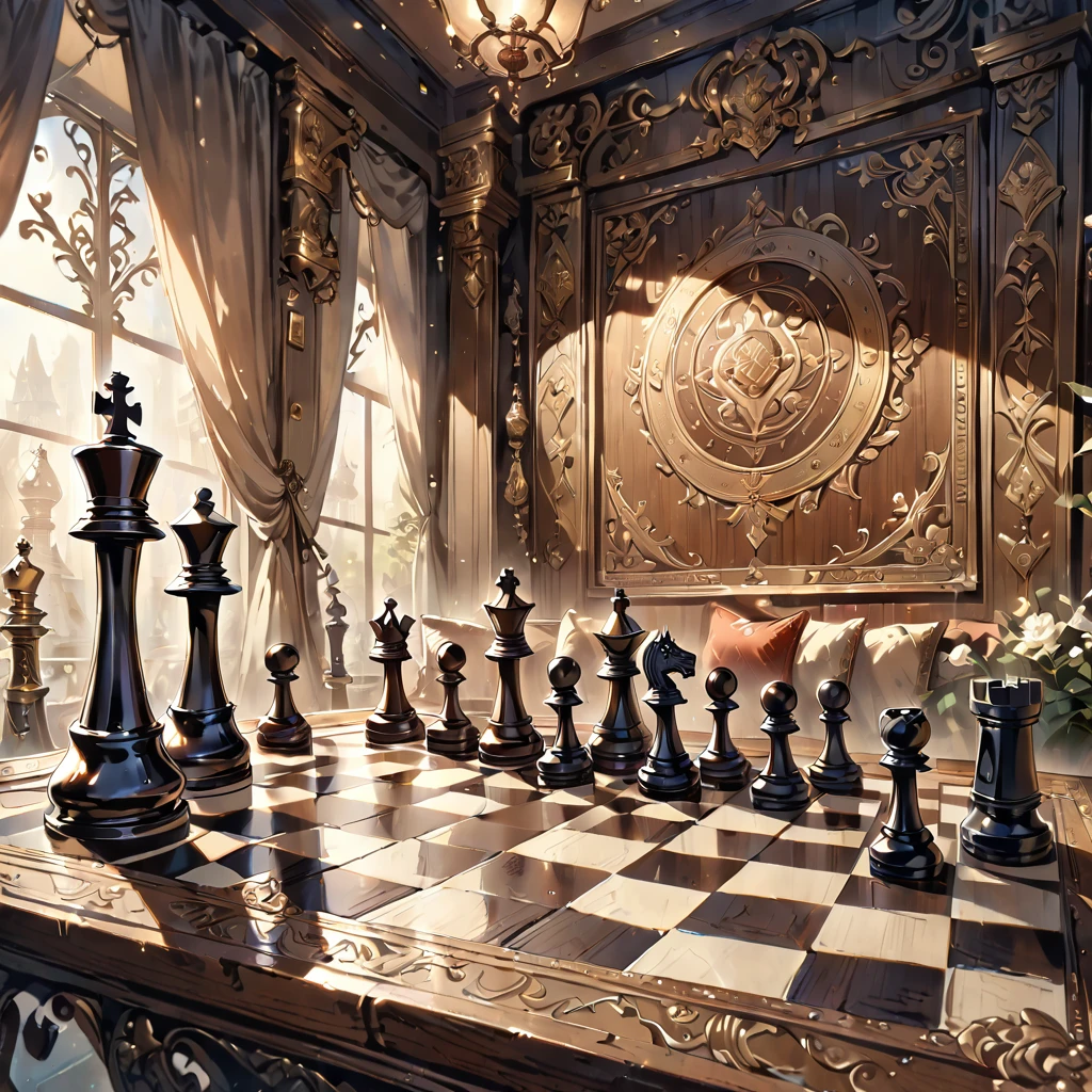 Highest quality, High resolution, Very detailed, Realistic, Vintage Chess Game, An illustration, Two people sitting on a chessboard、Hand-drawn, Antique game board, Exquisite wooden chess pieces, Aged texture, Nostalgic atmosphere, Sepia Tone, Soft lighting, Detailed engraving, Complex pattern on a chessboard, Intricate metal fasteners, Delicate workmanship, Exquisite carving, Decorative borders, Ancient masterpieces, Immersive Gaming Experience, Complex game strategy, Black and white contrast, Deep Shadow, Faded elegance, The graceful movements of chess pieces, Immortal Nostalgia, historical charm, Timeless elegance.