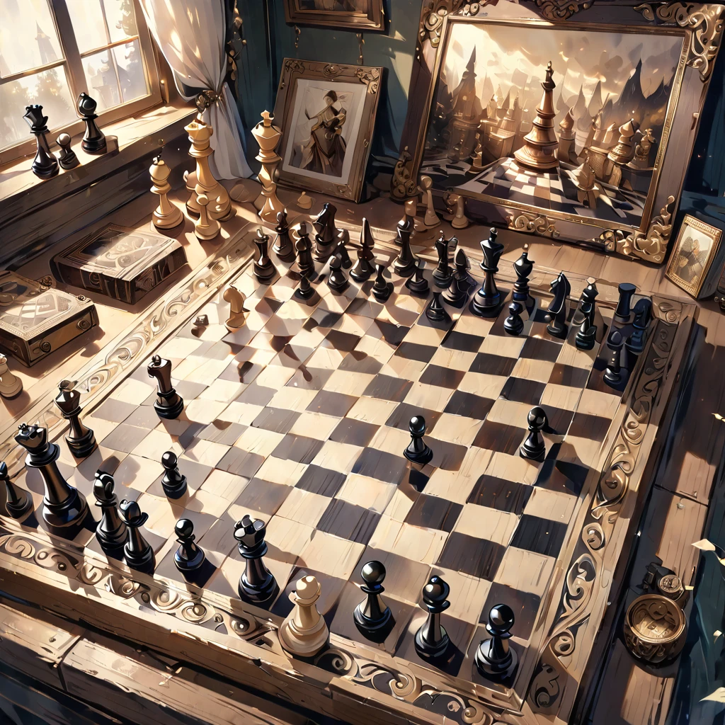 Highest quality, High resolution, Very detailed, Realistic, Vintage Chess Game, An illustration, Two people sitting on a chessboard、Hand-drawn, Antique game board, Exquisite wooden chess pieces, Aged texture, Nostalgic atmosphere, Sepia Tone, Soft lighting, Detailed engraving, Complex pattern on a chessboard, Intricate metal fasteners, Delicate workmanship, Exquisite carving, Decorative borders, Ancient masterpieces, Immersive Gaming Experience, Complex game strategy, Black and white contrast, Deep Shadow, Faded elegance, The graceful movements of chess pieces, Immortal Nostalgia, historical charm, Timeless elegance.