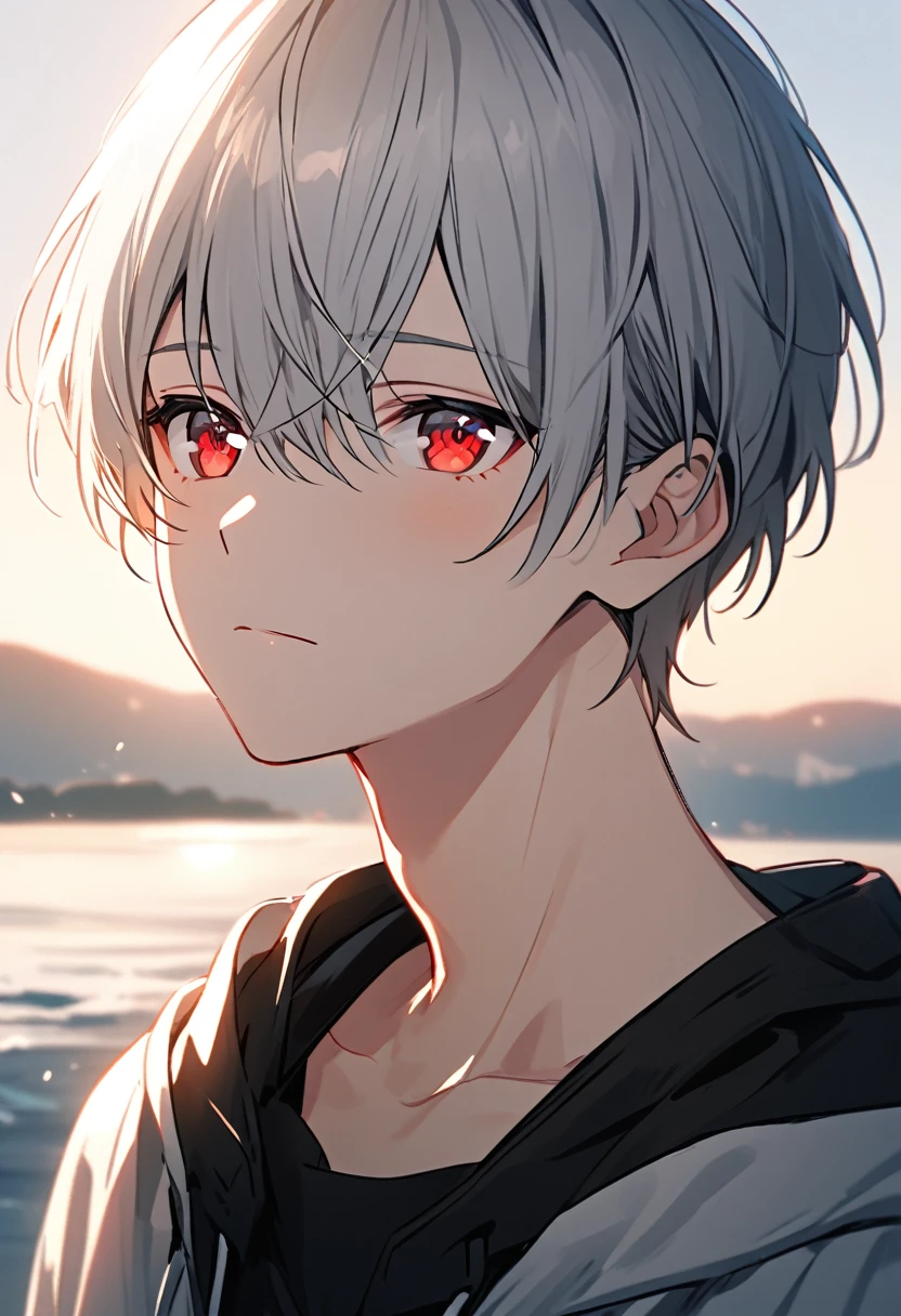 good looking, alone, 1 male, Gray Hair, Red eyes, Black Shirt, Black and white hooded, morning, White Light,Cute eyes,Short hairstyle,A cute boy,summer