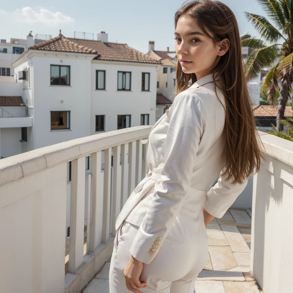 Create a very realistic and beautiful model with the following detailed features: Gender: Female, Age: Young adult (approximately 20-25 years old), Hair: Long, wavy and reddish with a natural shine, gently cascading around the shoulders and back back. . . . . . . . . . . . , Eyes: Bright green with a captivating, slightly almond-shaped look, detailed with natural highlights, Skin: Fair complexion with a light texture, including natural freckles on the nose and cheeks, giving a youthful and vibrant appearance: Fair complexion with a light texture, including natural freckles on the nose and cheeks, giving a youthful and lively appearance, Face: with a smooth and natural contour, soft and full lips with a slight pinkish tint and a slightly delicate upturned nose, Expression : a gentle face, with a touch of mischief, which conveys warmth and approachability, Clothing: in a white suit and sunglasses standing on a bridge, wearing a white suit, a white suit, a white outfit, a white suit and glasses , a white futuristic suit, a white silky outfit, fashionable white clothes, a Girl in a suit, wear white clothes, Girl in a suit, Smooth white tight-fitting suit, wear an elegant outfit, haute couture chic, All white, Background : the model is on an elegant flowered terrace, beginning on an open roof, end of sunny day, sea view in the background. Pose: relaxed and confident posture, start on an open-air rooftop, end of sunny day, sea view in the background. aesthetic, Unsplash, Neoclassicism, Complex background, Best quality, hyper detailed, Gratty Sita, 64K, Light design