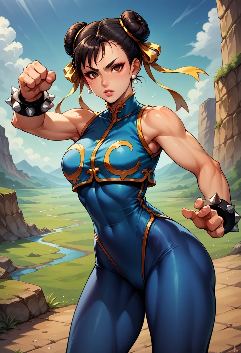 score_9, score_8_up, score_7_up, BREAK, score_9, 1girl, chun-li (\street fighter)\, black hair, brown eyes, makeup, eyelashes, short hair, breasts, looking at viewer, fighting pose, lips, alpha_costume, blue bodysuit, blue leotard, blue vest, sleeveless, cowboy shot, landscape, street