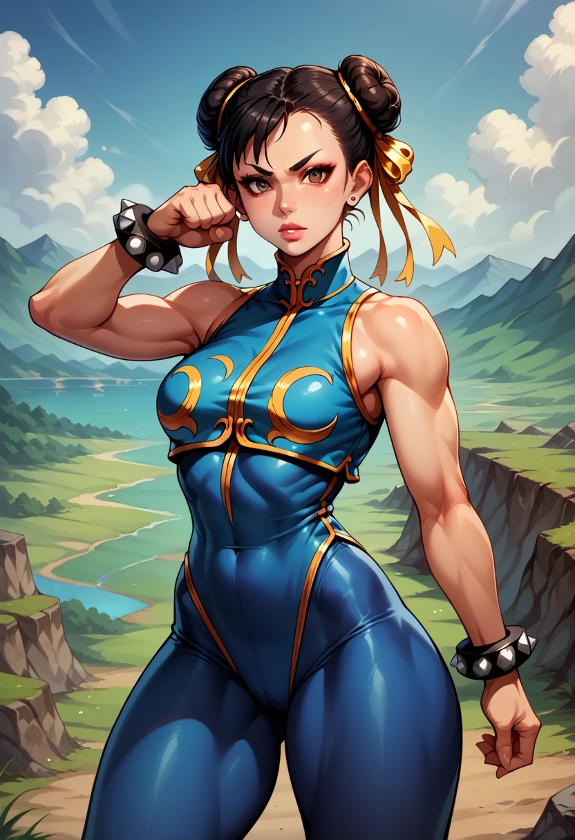 score_9, score_8_up, score_7_up, BREAK, score_9, 1girl, chun-li (\street fighter)\, black hair, brown eyes, makeup, eyelashes, short hair, , looking at viewer, fighting pose, lips, alpha_costume, blue bodysuit, blue leotard, blue vest, sleeveless, cowboy shot, landscape, street