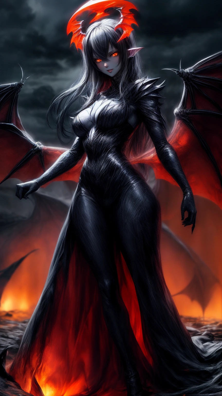 Storyboard, masterpiece, highest quality, dragonlady queen, perfect demoness, long legs, hourglass fugure, bright red glowing eyes, detailed eyes (1.4), scars on face, villainous expression, flaming skin body with bioluminescent glowing pattern, ready for battle, blurred stormy background, dark atmosphere, lighting in background,full body,