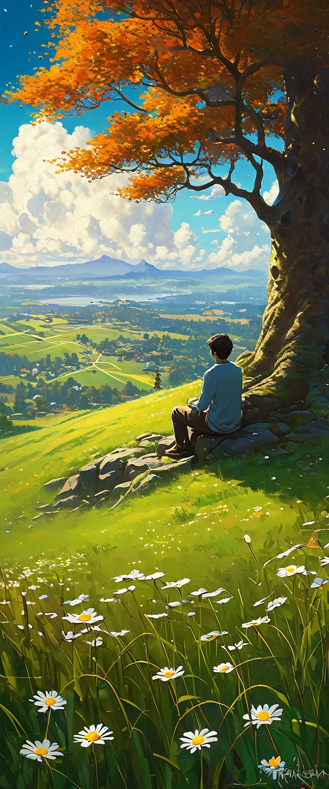  fondo de pantalla de arte anime 8 K, fondo animado art, Fondo De Pantalla De Paisaje De Anime, ANIME MASTERPIECE - Creates an image of a serene, sunlit rural scene in vibrant, detailed anime style. The scene is a boy sitting next to a tree in an autumn meadow, looking at a vast golden sky with white clouds, an incredible sunset, tall green grass, daisy flowers, ULTRA Style Kilian Eng and Thomas Kinkade, Rob Gonsalves and Tim White , Silvain Sarriel. Rhads and Thomas Kinkade, inspired by RHADS, cyril rolando and m.w kalut, cyril rolando and m. w kalut, rhads!!!, fondo animado, fondo animado art, hermosa escena de anime, sobre las nubes, Kilian Eng y Thomas Kinkade, Rob Gonsalves y Tim White., silvain sarriel, Rhads y Thomas Kinkade, inspirado en RHADS, cyril rolando and m.w kalut, cyril rolando and m. w kalut, rhads!!!
