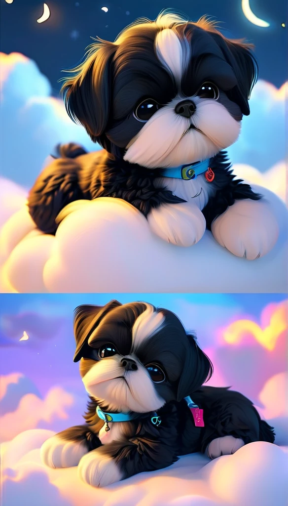 Adorable small black shih tzu puppy is lying on a cloud,Eyes closed,Appears throughout the body, cute catのアニメビジュアル, Cute numbers, Beautiful and detailed digital art, cute numbersArt, cgstation Popular Topics, pixar style, black puppy dream puppy,Have a nice dream, cute black shih tzu puppyFantasy Illustration, Nice 3D rendering, dream night, Animation-style rendering, Sleeping catundefined,